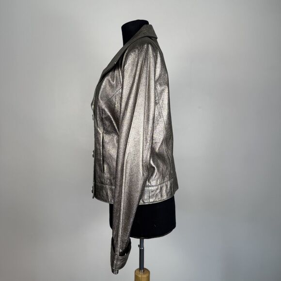 Vintage 80s 90s Spiegel Metallic Silver Cropped Double Breasted Leather Jacket - Picture 3 of 13